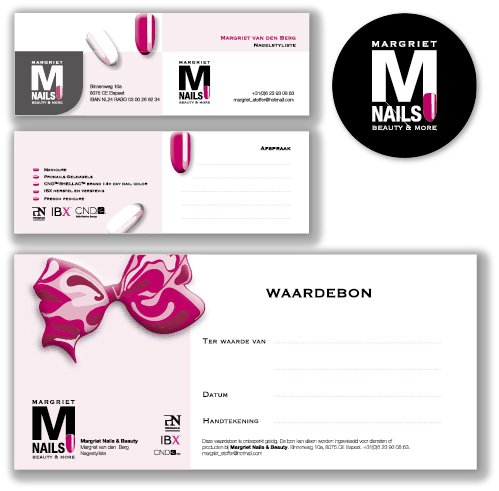 Huisstijl, cadeaubon, visitekaartjes, logo, zwart, roze, voor nagelstudio Margriet MNails door Krekwerk