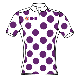 tekening van een witte trui met paarse bolletjes met SNS Bank logo