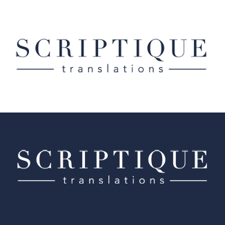 Logo voor vertaalbureau Scriptique in donkerblauw met lettertype Didot en avenir