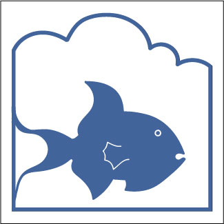 getekend vignet met blauwe vis tegen witte achtergrond voor bewegwijzering dierentuin door KREKWERK