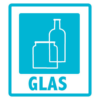 blauw vignet voor een glasbak met glazen fles en pot