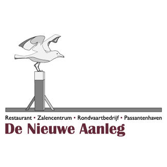 logo voor restaurant, haven en zalenbedrijf De Nieuwe Aanleg met een getekende zeemeeuw op een meerpaal
