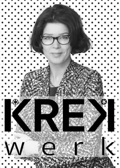 foto van Marloes Otten tegen gestippelde achtergrond en logo van haar bedrijf KREKWERK